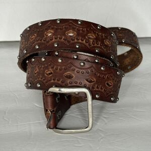 Hollister Mens Size M Brown Leather Belt Logo Laser Cut Studded Length Is 42”